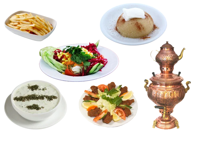 Yıldız Aspava ikramları: salata, patates kızartması, çiğ köfte, tatlı, cacık ve semaver çayı